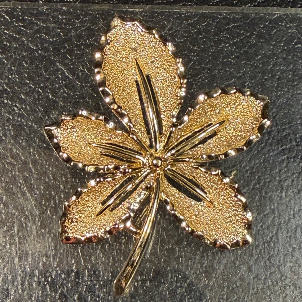Sarah Coventry Vintage Gold Tone Buckeye Leaf Brooch Pin Mid Century Botanical